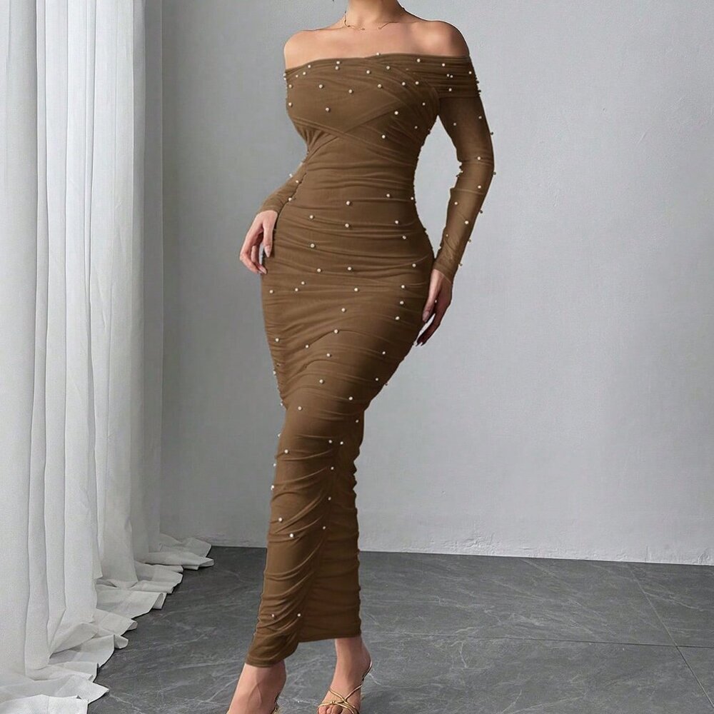 Coffee Brown Elegant Women's Off-Shoulder Pearl Decor Ruffle Maxi Dress - Picture 4 of 10
